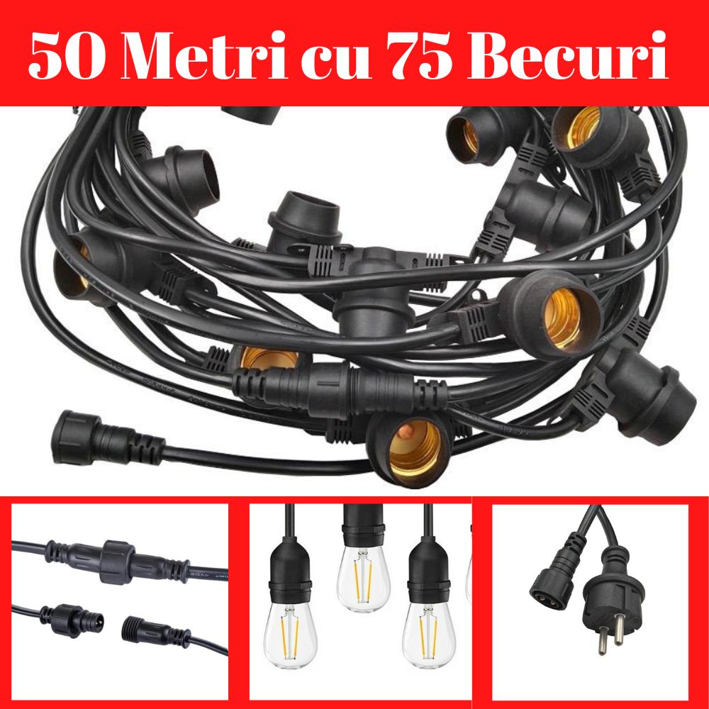 Hamptons Ghirlanda Luminoasa, 50 Metri cu 75 Becuri Led Filament 4W, IP44