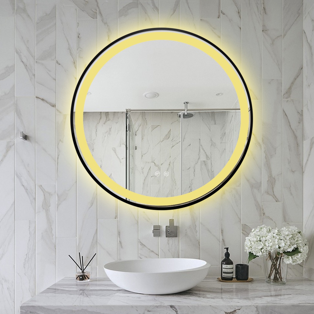 Carolina Oglindă Baie 70cm Led si Dezaburire, 2 Tipuri de Lumina, cu Senzor Tactil, Touch, Rama Negru Mat
