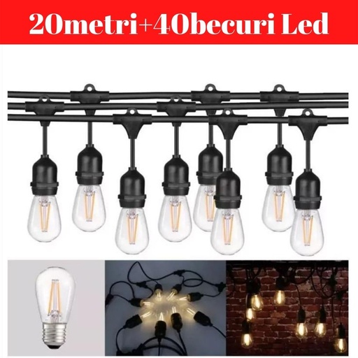 Ghirlanda Luminoasa, 20 Metri cu 40 Becuri Led Filament 4W incluse E27, IP65 