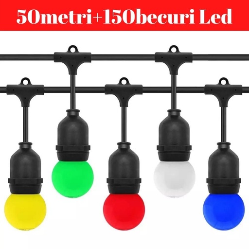 Ghirlanda Luminoasa Rainbow, 50 Metri cu 150 Becuri Led Color incluse E27, IP65 