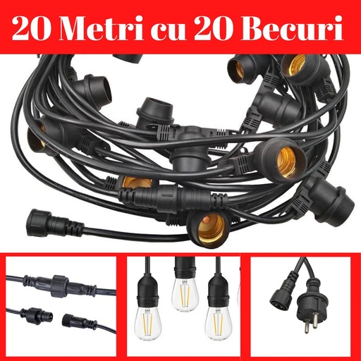 Soho Ghirlanda Luminoasa, 20 Metri cu 20 Becuri Led Filament 4W, IP44