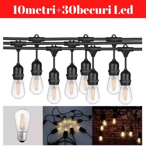 Ghirlanda Luminoasa, 10 Metri cu 30 Becuri Led Filament 4W incluse E27, IP65