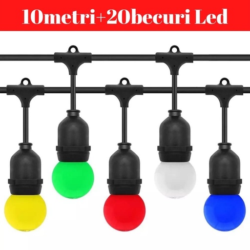 Ghirlanda Luminoasa, 10 Metri cu 20 Becuri Led Color incluse E27, IP65,Exterior