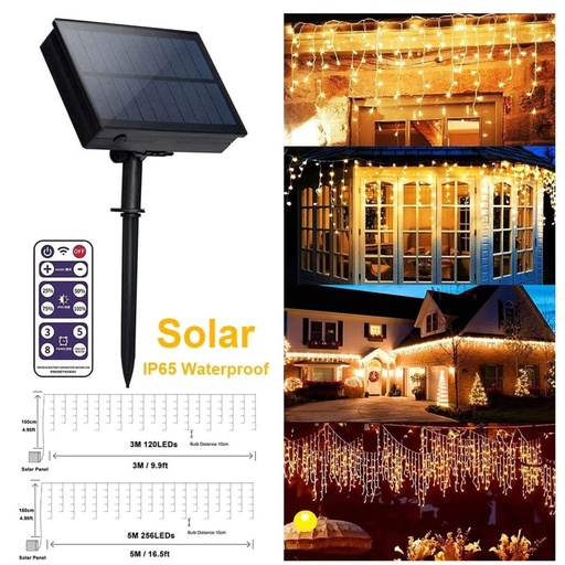 Instalatie Solara 300 Led franjuri, Siruri Turturi Inegali, 12ml Alb Calda