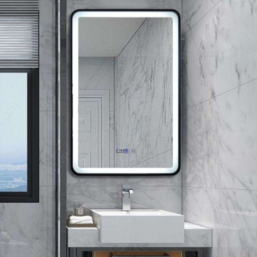 Arthur Oglinda Baie 60X100 Led si Dezaburire, cu Senzor Tactil, Touch si Ceas Digital, Rama Neagru Mat