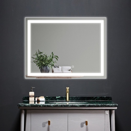Diego Oglinda Baie 100X80 Led si Dezaburire, cu Senzor Tactil, Touch si Ceas Digital, Rama Negru Mat