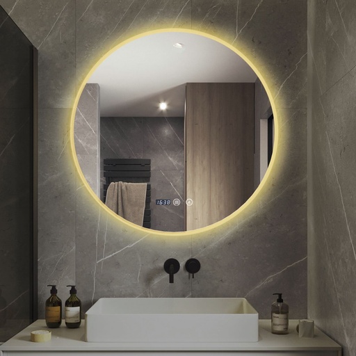 Oglinda Rotunda Baie Led 90cm Dezaburire , Ceas , Senzor Touch , Lumina Rece , Neutra , Calda , Rama Acril