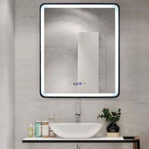 Rodrigo Oglinda Baie 75X90 Led si Dezaburire, cu Senzor Tactil, Touch si Ceas Digital, Rama Neagru Mat