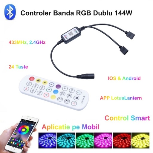 [ALX-18A144] Controller banda led RGB cu 2 iesiri, Magic Smart, telecomanda 24 taste, 144W